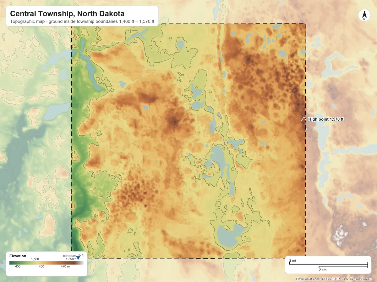 Topographic elevation map of Central Township, North Dakota, shaded from 1,460 ft on the southwest side to 1,570 ft on the northeast side