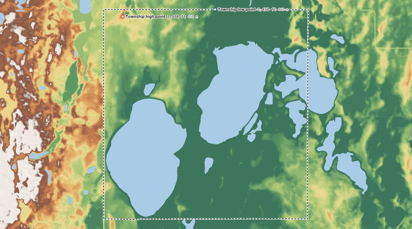 Topographic elevation map of Chain Lakes Township, North Dakota, shaded from 1,450 ft on the northeast side to 1,480 ft on the northwest side