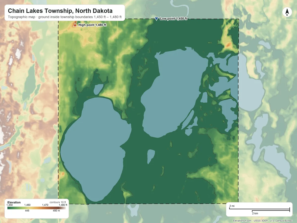 Topographic elevation map of Chain Lakes Township, North Dakota, shaded from 1,450 ft on the northeast side to 1,480 ft on the northwest side