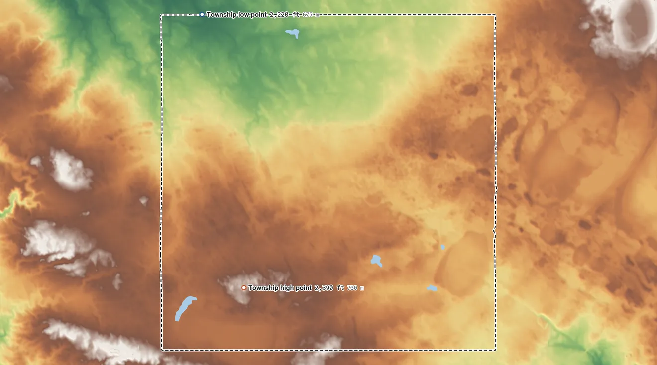 Topographic elevation map of Champion Township, North Dakota, shaded from 2,220 ft on the northwest side to 2,390 ft on the southwest side