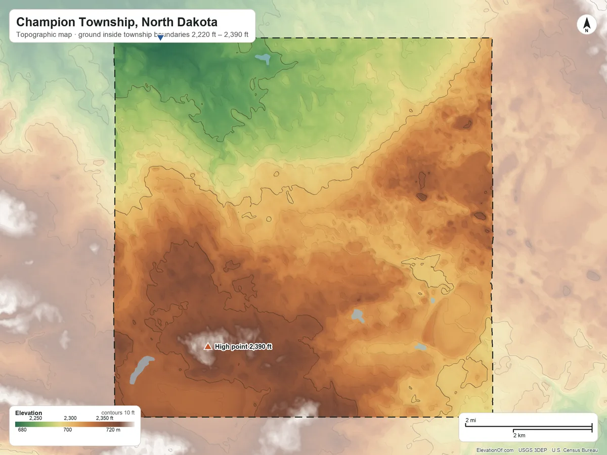 Topographic elevation map of Champion Township, North Dakota, shaded from 2,220 ft on the northwest side to 2,390 ft on the southwest side