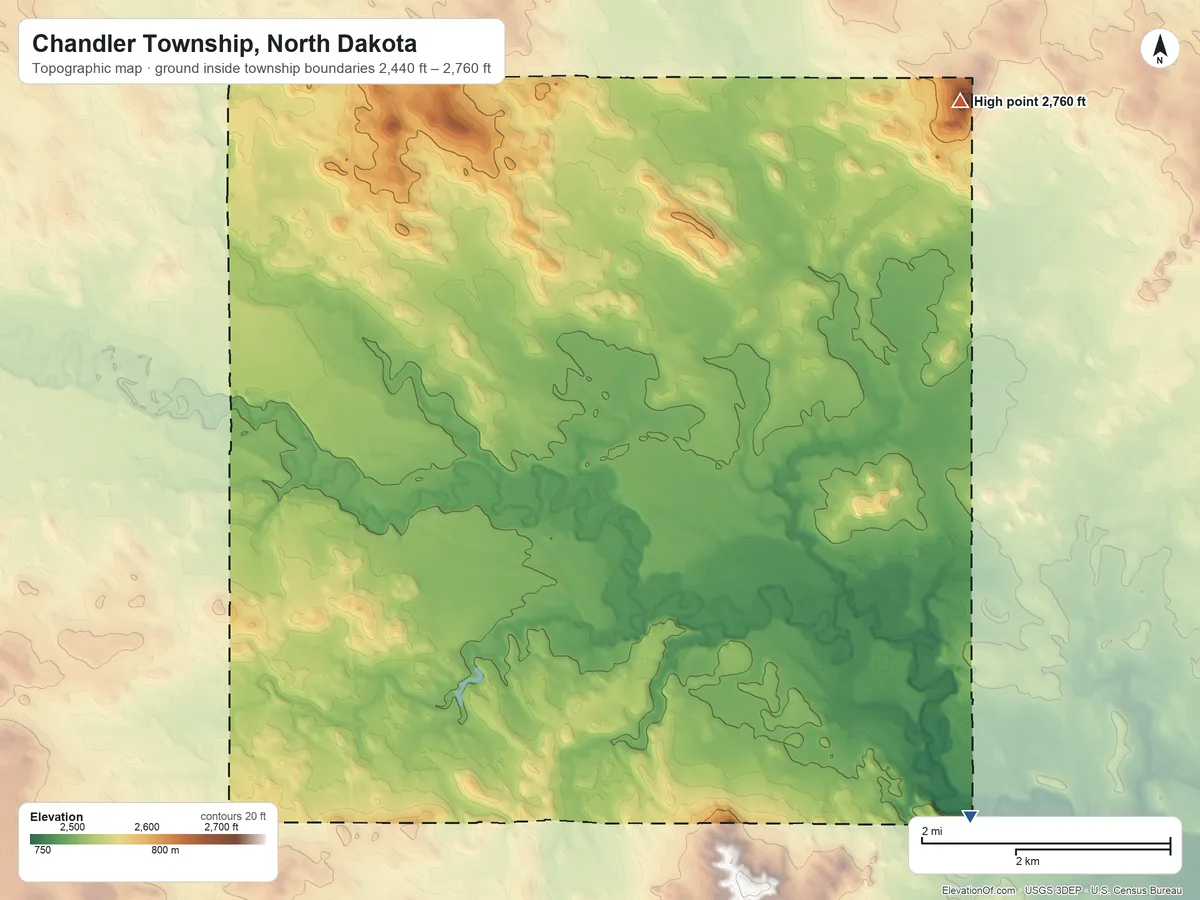 Topographic elevation map of Chandler Township, North Dakota, shaded from 2,440 ft on the southeast side to 2,760 ft on the northeast side
