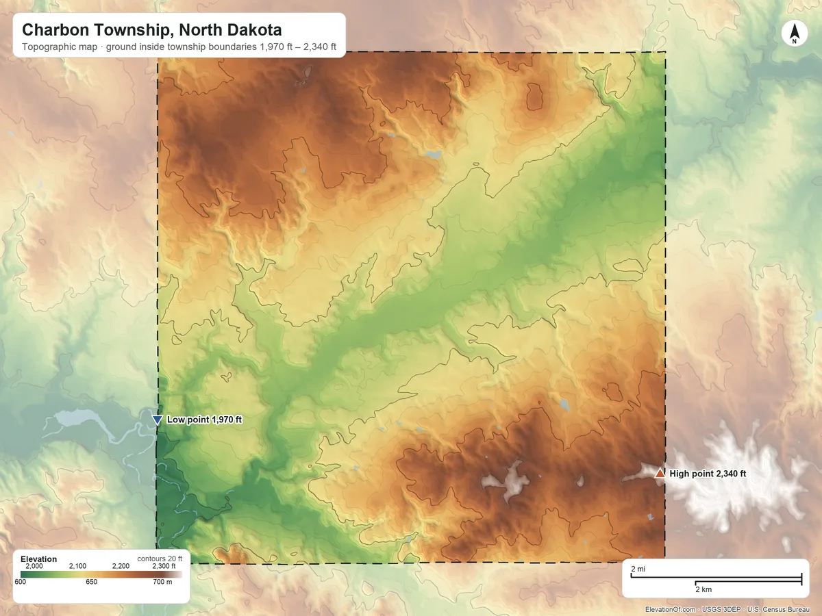 Topographic elevation map of Charbon Township, North Dakota, shaded from 1,970 ft on the west side to 2,340 ft on the southeast side