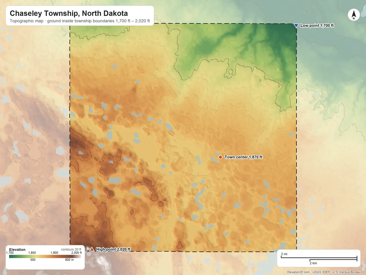 Topographic elevation map of Chaseley Township, North Dakota, shaded from 1,700 ft on the northeast side to 2,020 ft on the southwest side