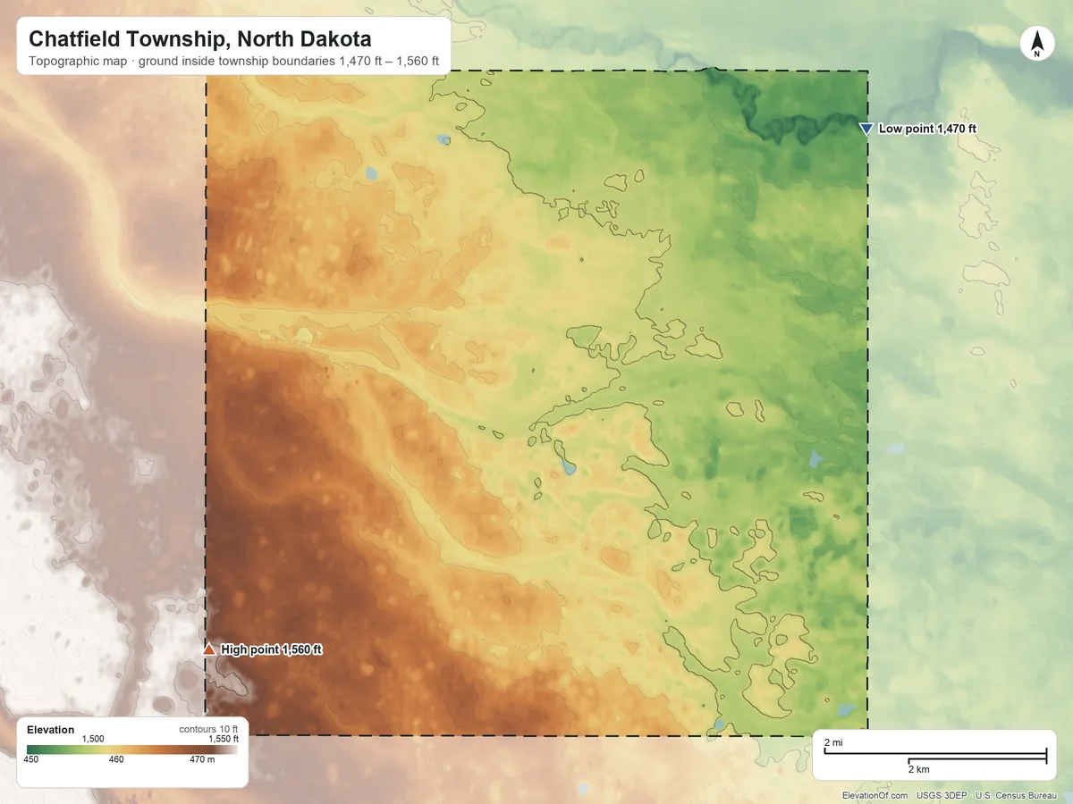 Topographic elevation map of Chatfield Township, North Dakota, shaded from 1,470 ft on the northeast side to 1,560 ft on the west side