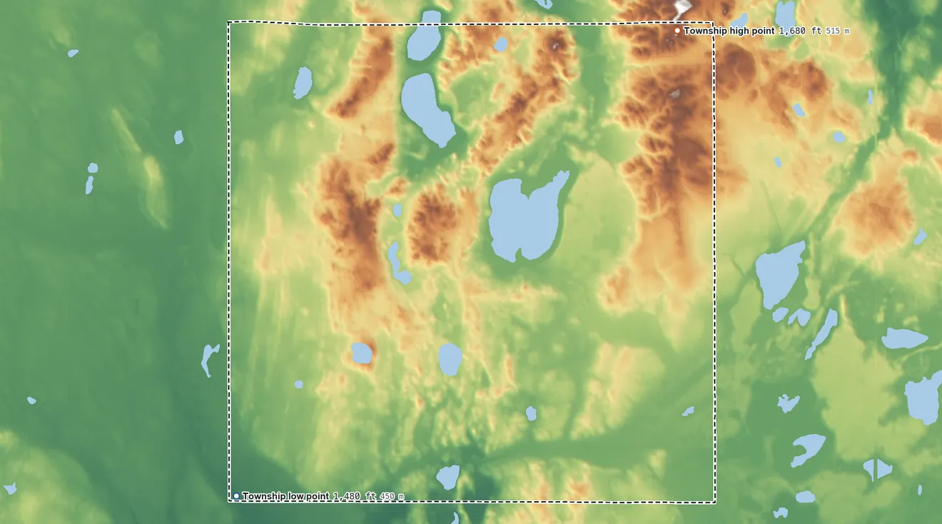 Topographic elevation map of Cherry Lake Township, North Dakota, shaded from 1,480 ft on the southwest side to 1,680 ft on the northeast side