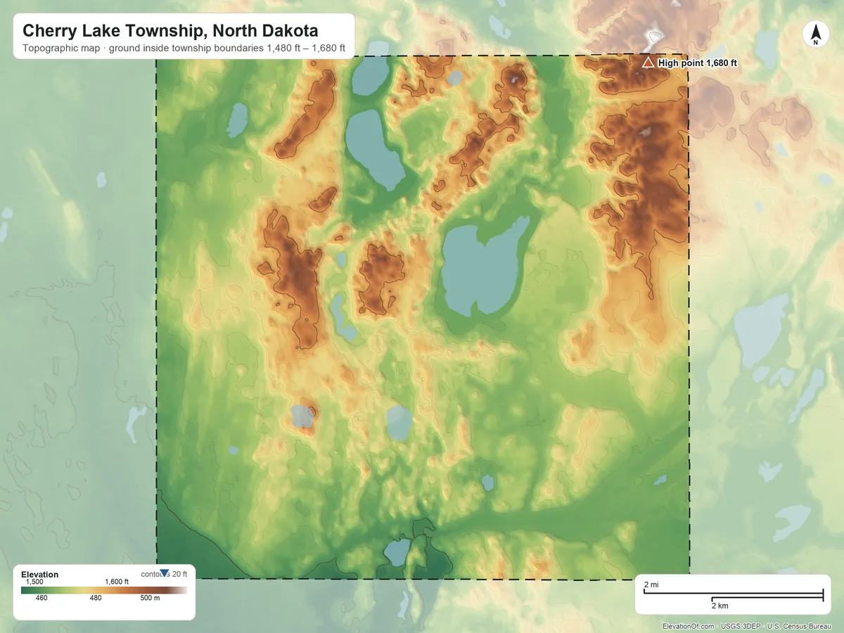 Topographic elevation map of Cherry Lake Township, North Dakota, shaded from 1,480 ft on the southwest side to 1,680 ft on the northeast side