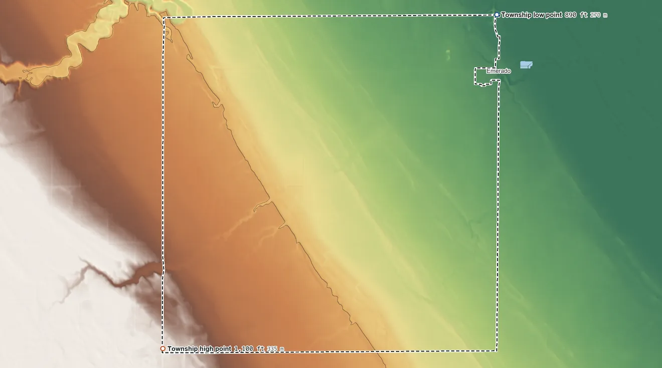 Topographic elevation map of Chester Township, North Dakota, shaded from 890 ft on the northeast side to 1,100 ft on the southwest side