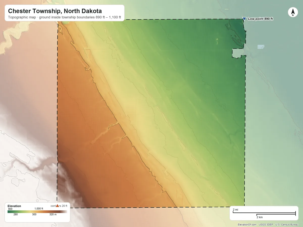 Topographic elevation map of Chester Township, North Dakota, shaded from 890 ft on the northeast side to 1,100 ft on the southwest side