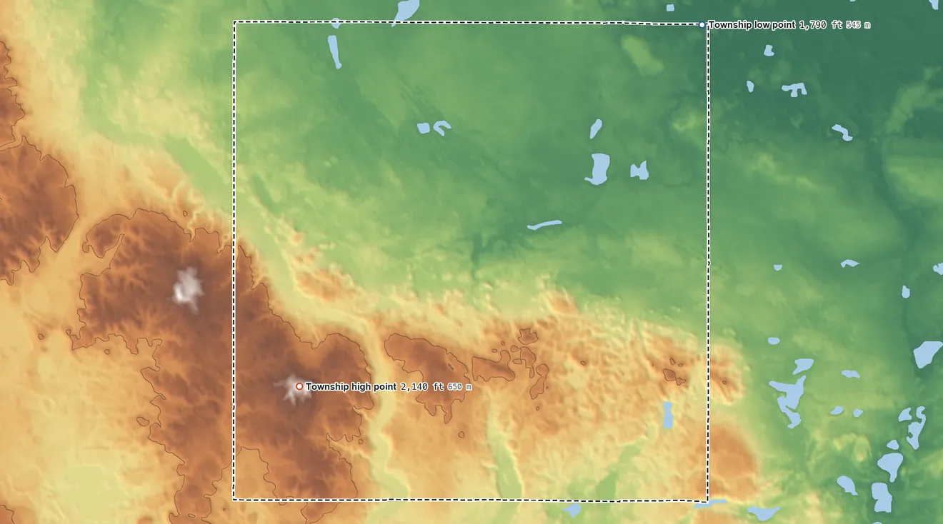 Topographic elevation map of Chestina Township, North Dakota, shaded from 1,790 ft on the northeast side to 2,140 ft on the southwest side