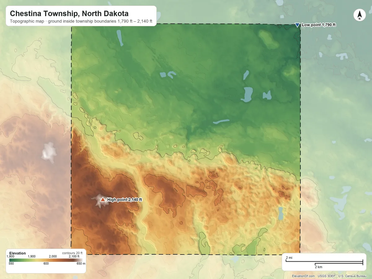 Topographic elevation map of Chestina Township, North Dakota, shaded from 1,790 ft on the northeast side to 2,140 ft on the southwest side