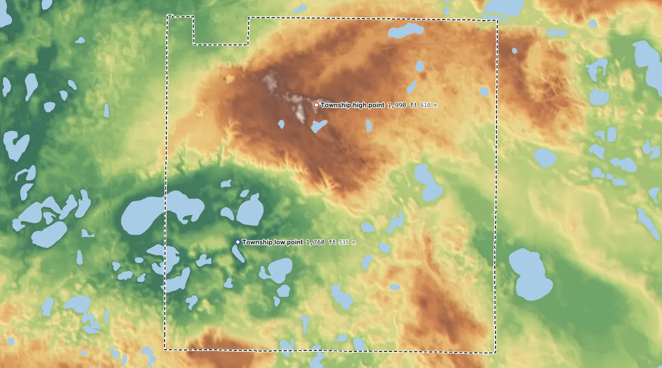 Topographic elevation map of Chicago Township, North Dakota, shaded from 1,760 ft on the southwest side to 1,990 ft on the west side