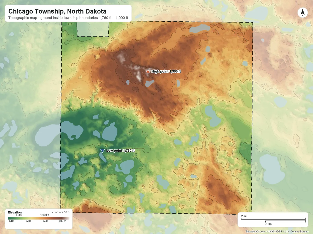 Topographic elevation map of Chicago Township, North Dakota, shaded from 1,760 ft on the southwest side to 1,990 ft on the west side