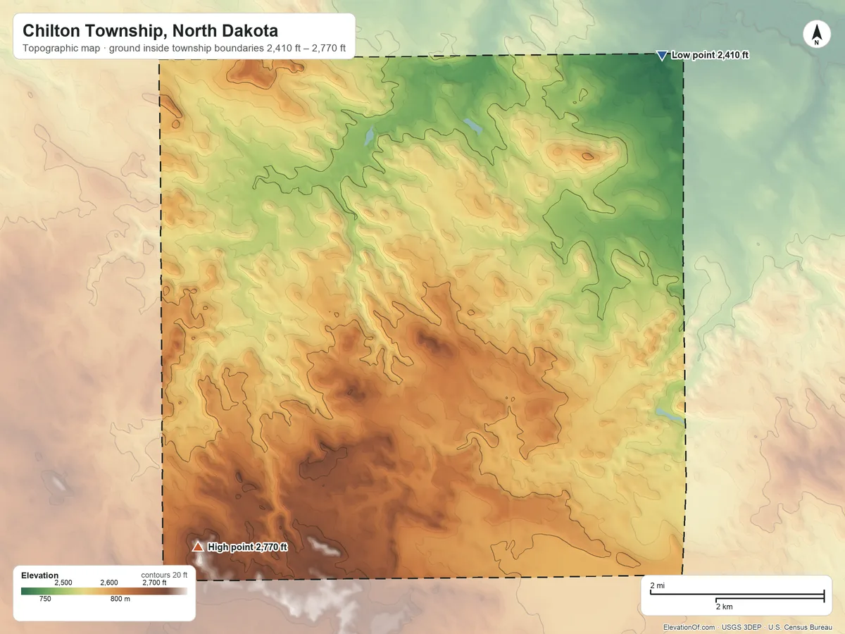 Topographic elevation map of Chilton Township, North Dakota, shaded from 2,410 ft on the northeast side to 2,770 ft on the southwest side