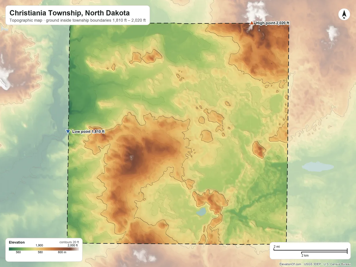 Topographic elevation map of Christiania Township, North Dakota, shaded from 1,810 ft on the west side to 2,020 ft on the northeast side