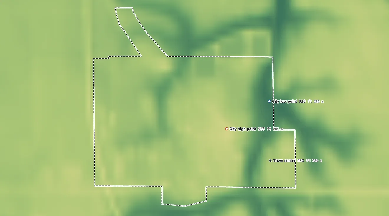 Topographic elevation map of Christine, North Dakota, shaded from 920 ft on the north side to 930 ft on the northwest side