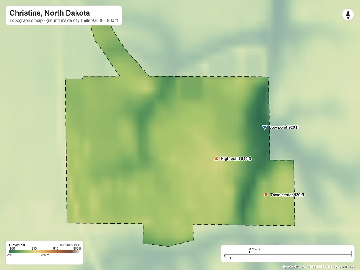 Topographic elevation map of Christine, North Dakota, shaded from 920 ft on the north side to 930 ft on the northwest side