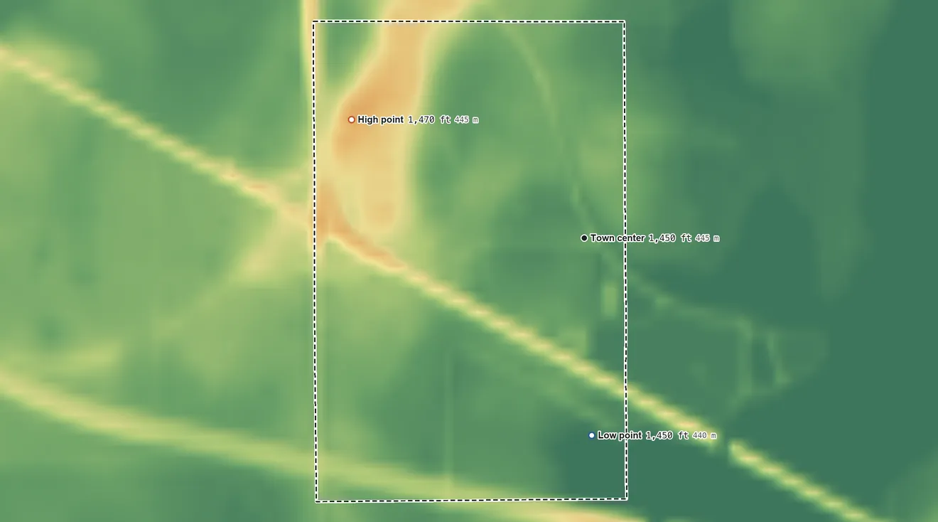 Topographic elevation map of Churchs Ferry, North Dakota, shaded from 1,450 ft on the south side to 1,470 ft on the northwest side
