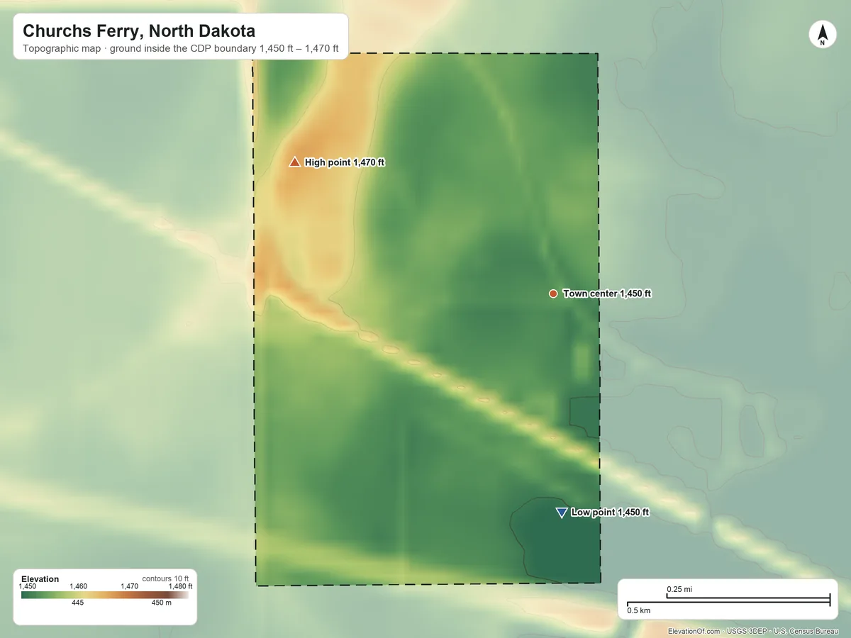 Topographic elevation map of Churchs Ferry, North Dakota, shaded from 1,450 ft on the south side to 1,470 ft on the northwest side