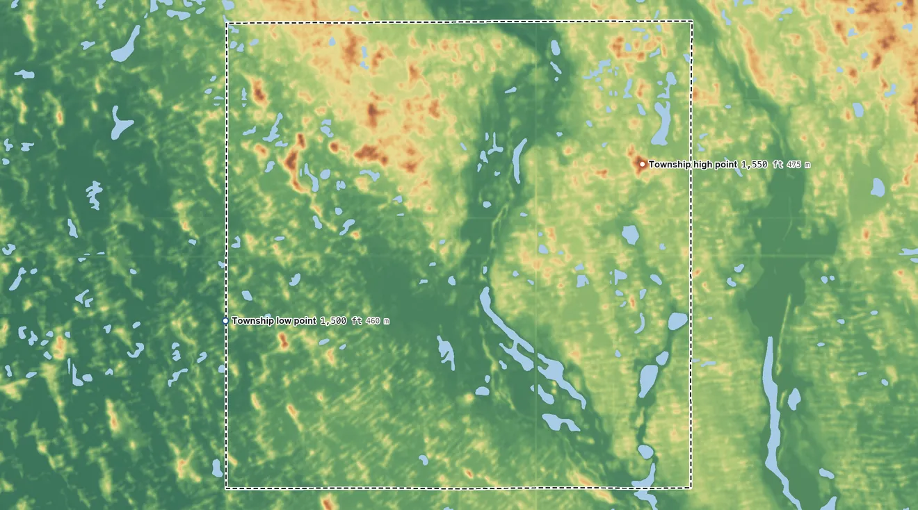 Topographic elevation map of Clara Township, North Dakota, shaded from 1,500 ft on the southwest side to 1,550 ft on the east side