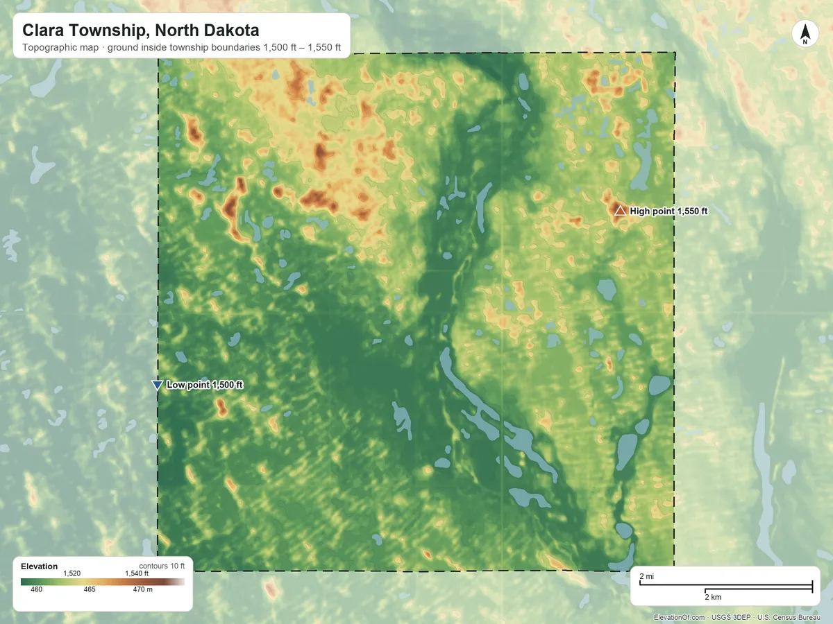 Topographic elevation map of Clara Township, North Dakota, shaded from 1,500 ft on the southwest side to 1,550 ft on the east side