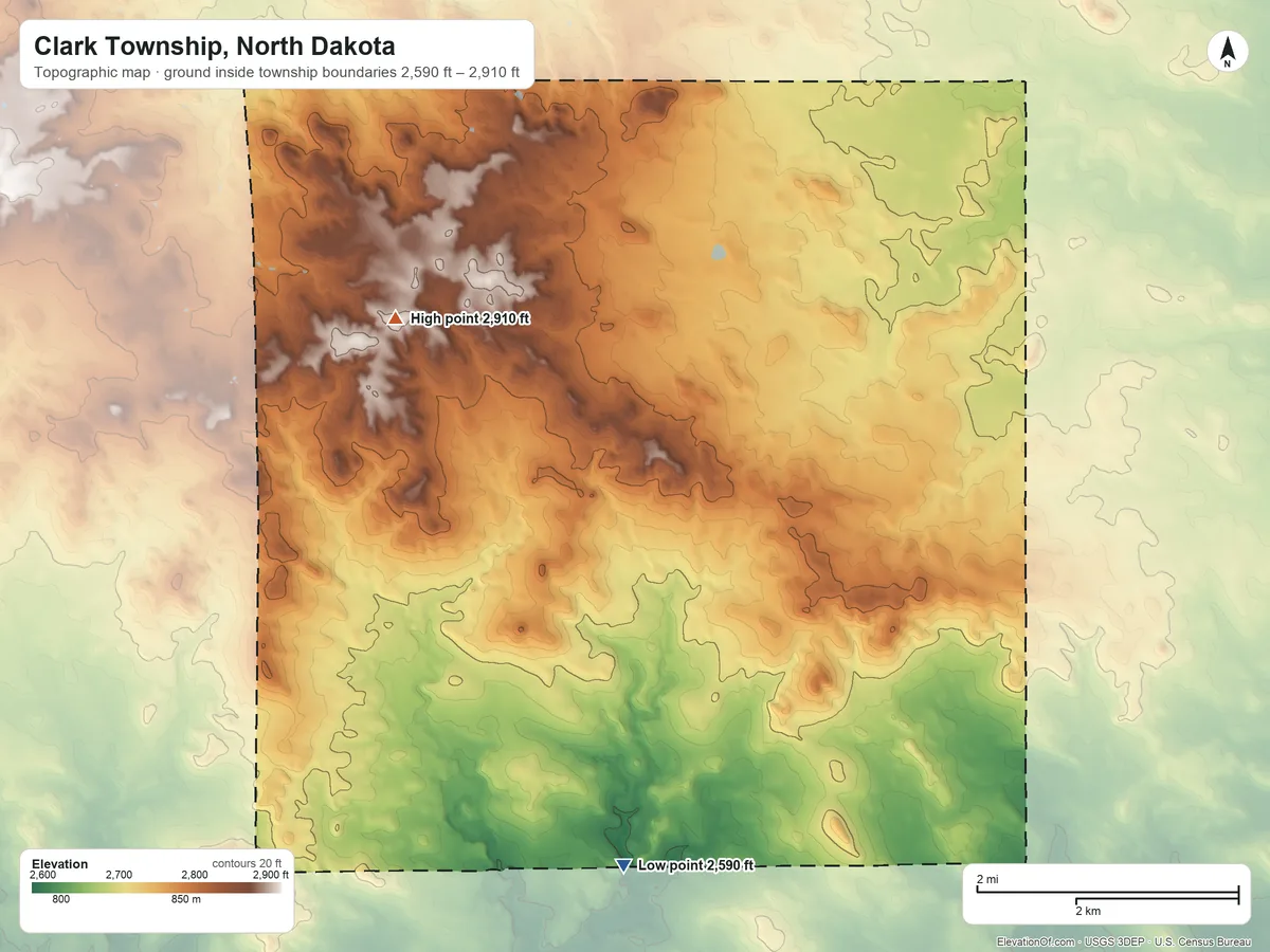 Topographic elevation map of Clark Township, North Dakota, shaded from 2,590 ft on the south side to 2,910 ft on the northwest side