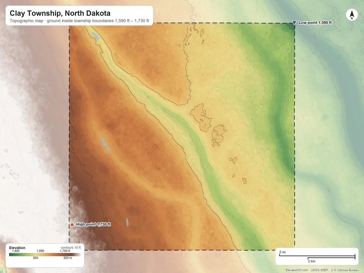 Topographic elevation map of Clay Township, North Dakota, shaded from 1,590 ft on the northeast side to 1,730 ft on the southwest side