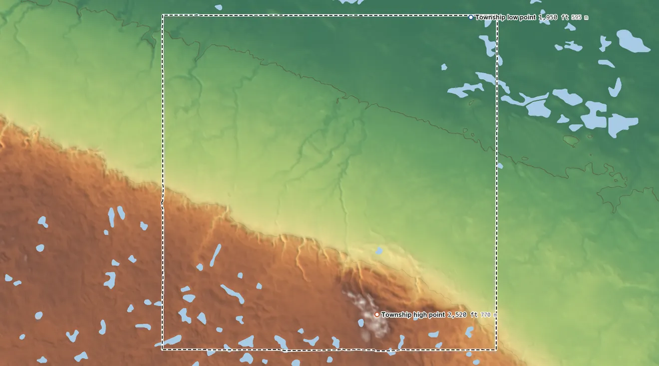 Topographic elevation map of Clayton Township, North Dakota, shaded from 1,950 ft on the northeast side to 2,520 ft on the south side