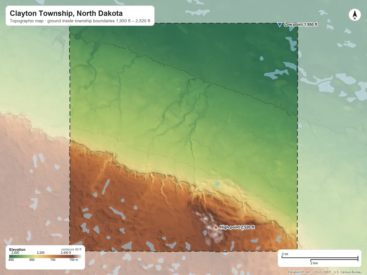 Topographic elevation map of Clayton Township, North Dakota, shaded from 1,950 ft on the northeast side to 2,520 ft on the south side