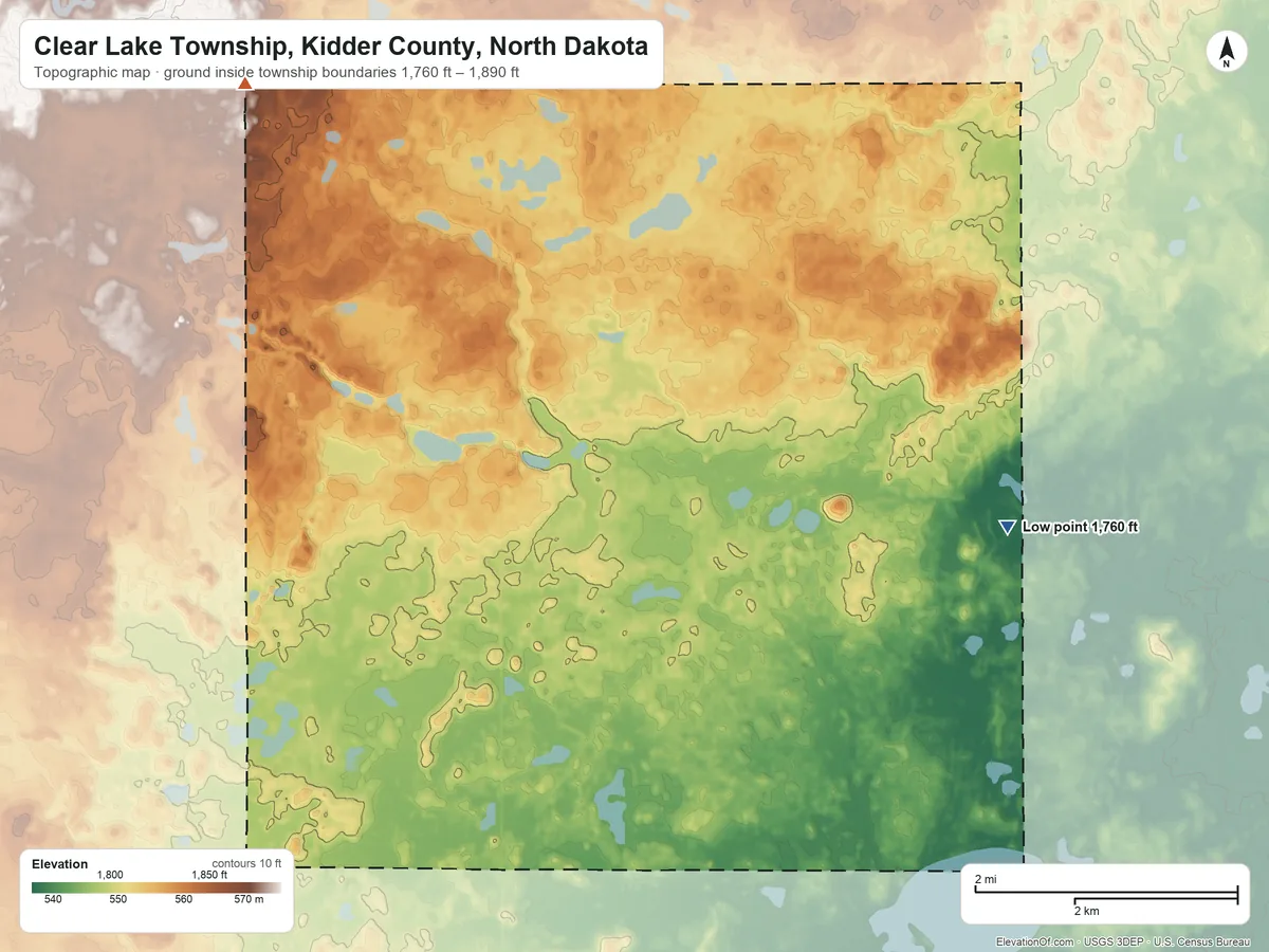 Topographic elevation map of Clear Lake Township, Kidder County, North Dakota, shaded from 1,760 ft on the east side to 1,890 ft on the northwest side