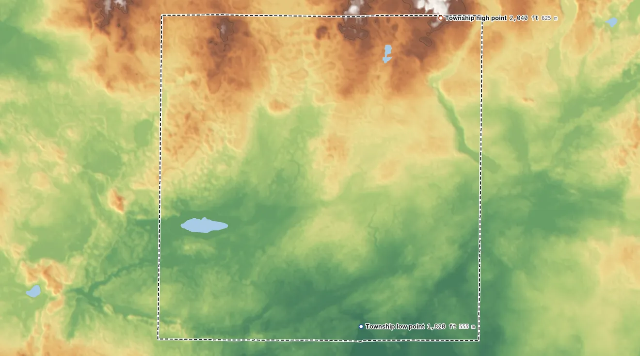 Topographic elevation map of Clear Lake Township, North Dakota, shaded from 1,820 ft on the southeast side to 2,040 ft on the northeast side