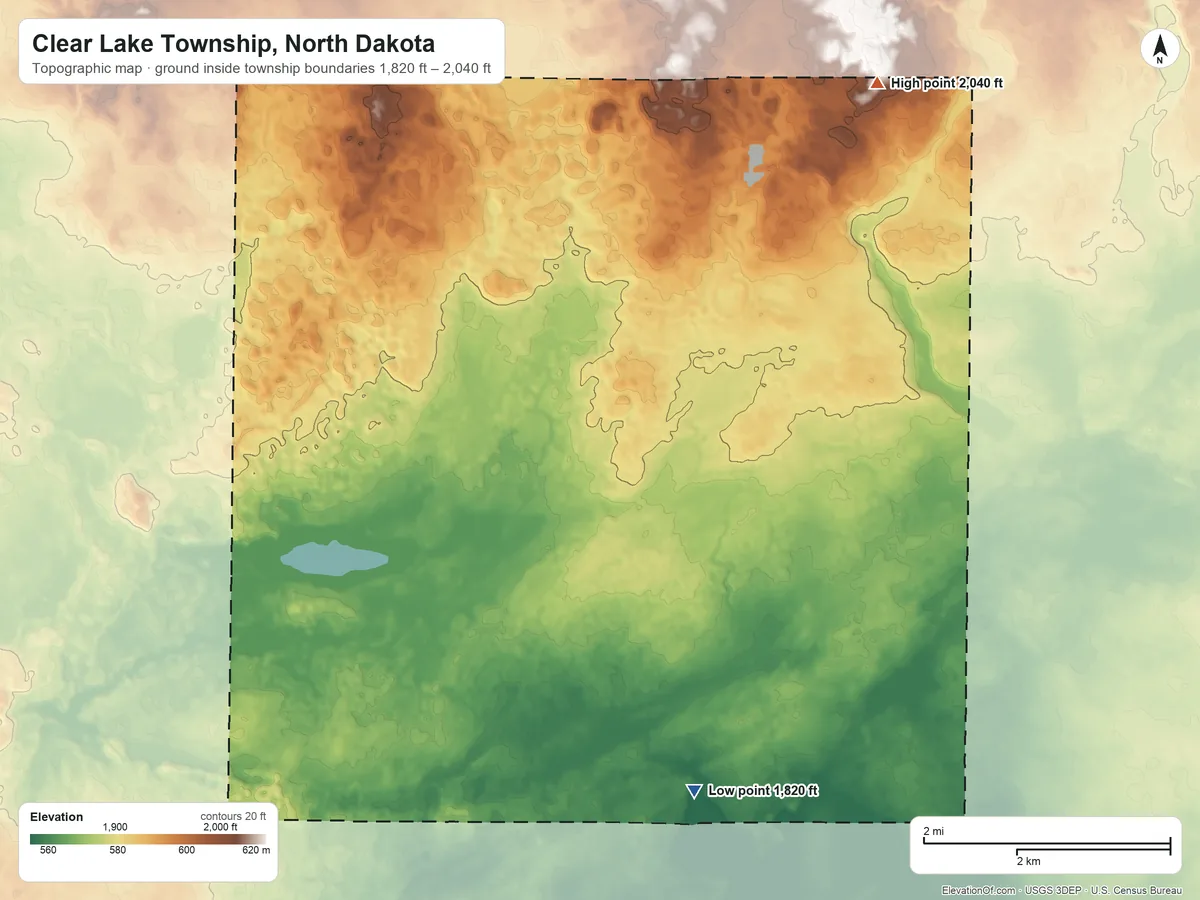 Topographic elevation map of Clear Lake Township, North Dakota, shaded from 1,820 ft on the southeast side to 2,040 ft on the northeast side
