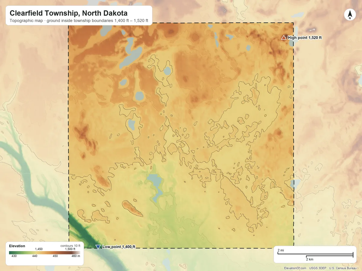 Topographic elevation map of Clearfield Township, North Dakota, shaded from 1,400 ft on the southwest side to 1,520 ft on the northeast side