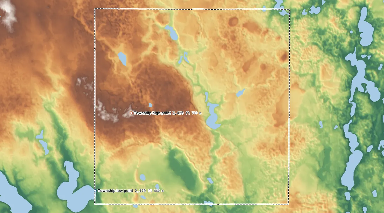 Topographic elevation map of Clearwater Township, North Dakota, shaded from 2,170 ft on the southwest side to 2,420 ft near the middle