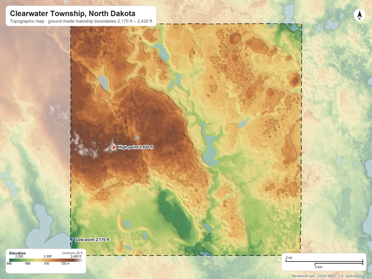 Topographic elevation map of Clearwater Township, North Dakota, shaded from 2,170 ft on the southwest side to 2,420 ft near the middle
