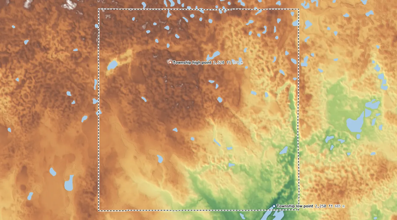 Topographic elevation map of Cleary Township, North Dakota, shaded from 2,250 ft on the east side to 2,520 ft on the north side