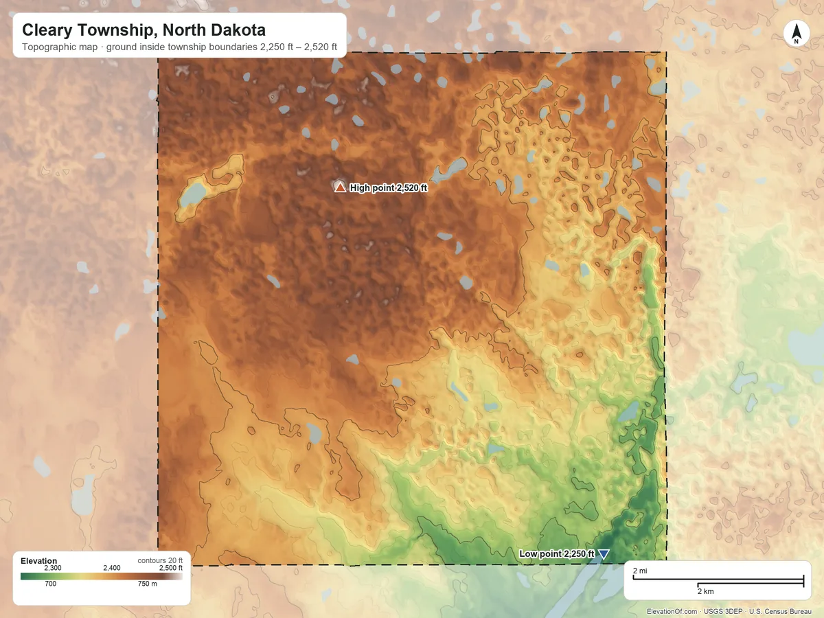 Topographic elevation map of Cleary Township, North Dakota, shaded from 2,250 ft on the east side to 2,520 ft on the north side