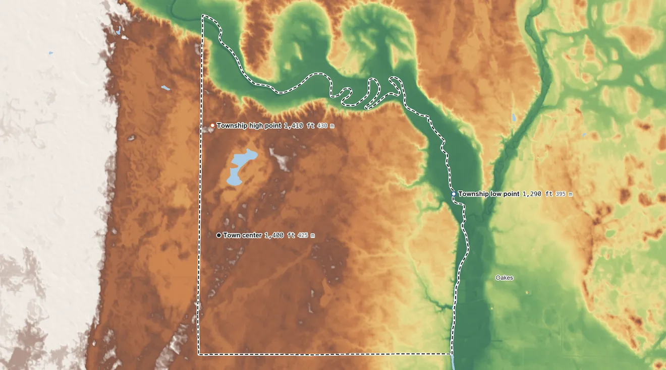 Topographic elevation map of Clement Township, North Dakota, shaded from 1,290 ft on the east side to 1,410 ft on the north side