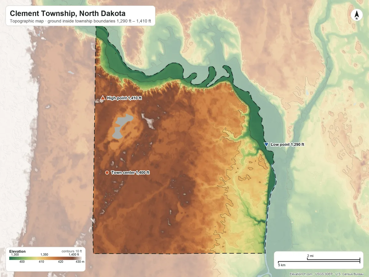 Topographic elevation map of Clement Township, North Dakota, shaded from 1,290 ft on the east side to 1,410 ft on the north side