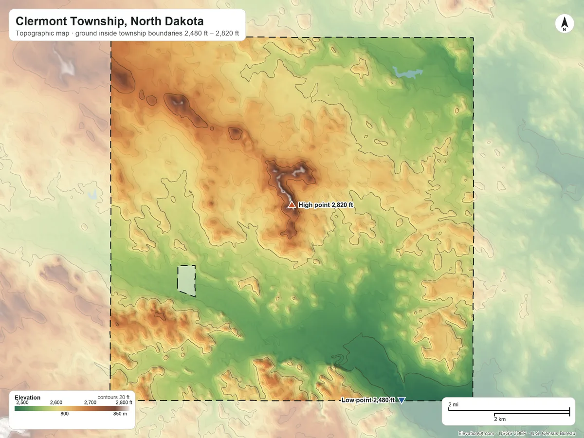 Topographic elevation map of Clermont Township, North Dakota, shaded from 2,480 ft on the southeast side to 2,820 ft on the east side