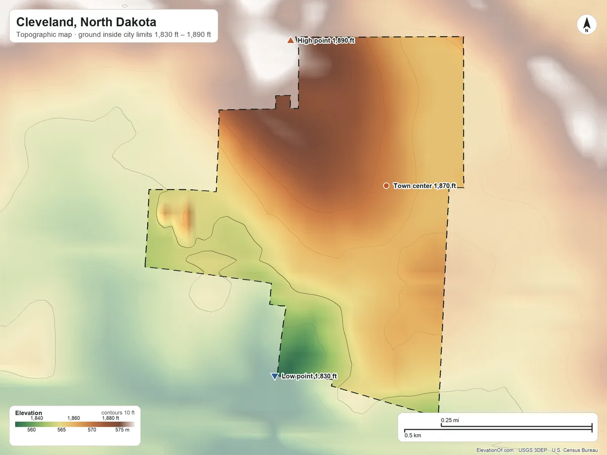 Topographic elevation map of Cleveland, North Dakota, shaded from 1,830 ft on the southwest side to 1,890 ft on the northwest side