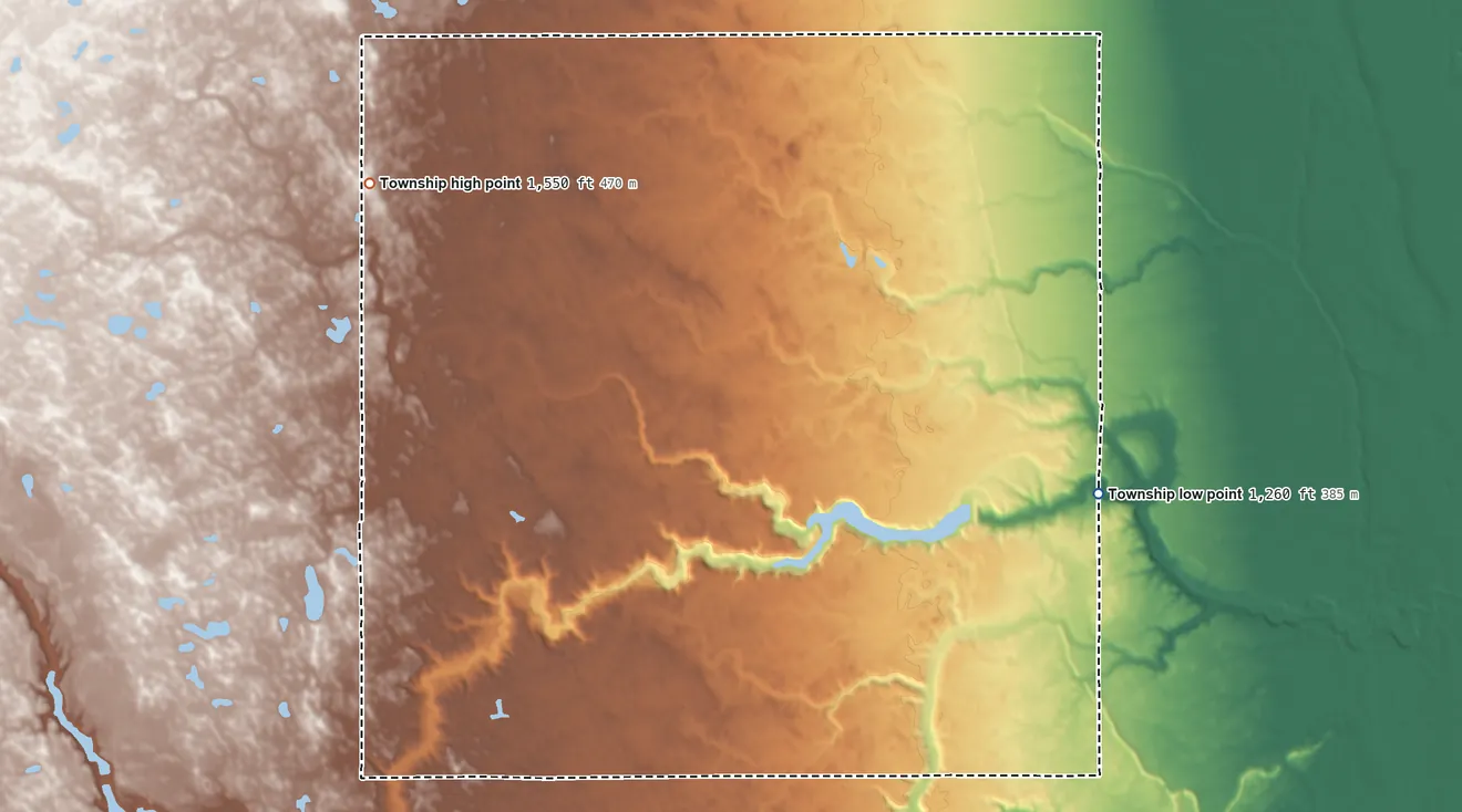 Topographic elevation map of Cleveland Township, North Dakota, shaded from 1,260 ft on the east side to 1,550 ft on the northwest side