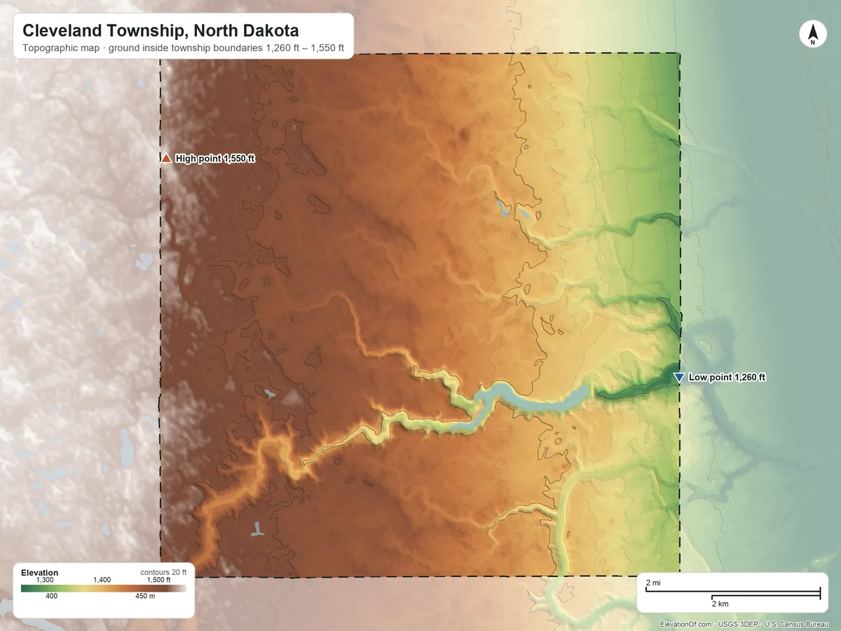Topographic elevation map of Cleveland Township, North Dakota, shaded from 1,260 ft on the east side to 1,550 ft on the northwest side