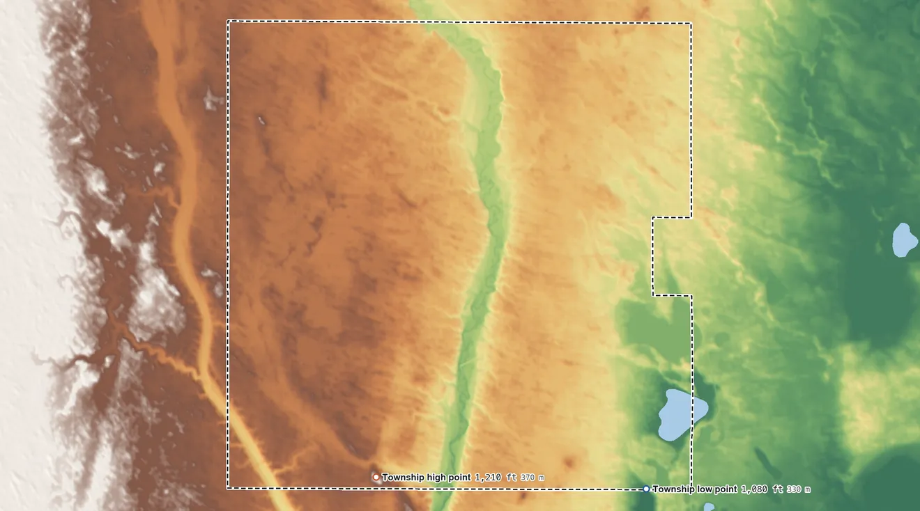Topographic elevation map of Clifton Township, North Dakota, shaded from 1,080 ft on the southeast side to 1,210 ft on the south side