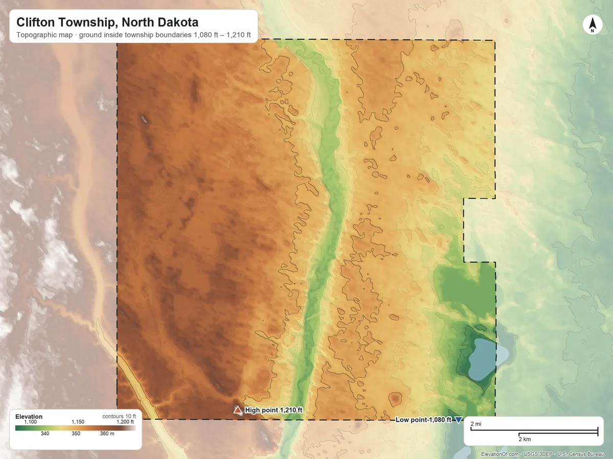 Topographic elevation map of Clifton Township, North Dakota, shaded from 1,080 ft on the southeast side to 1,210 ft on the south side