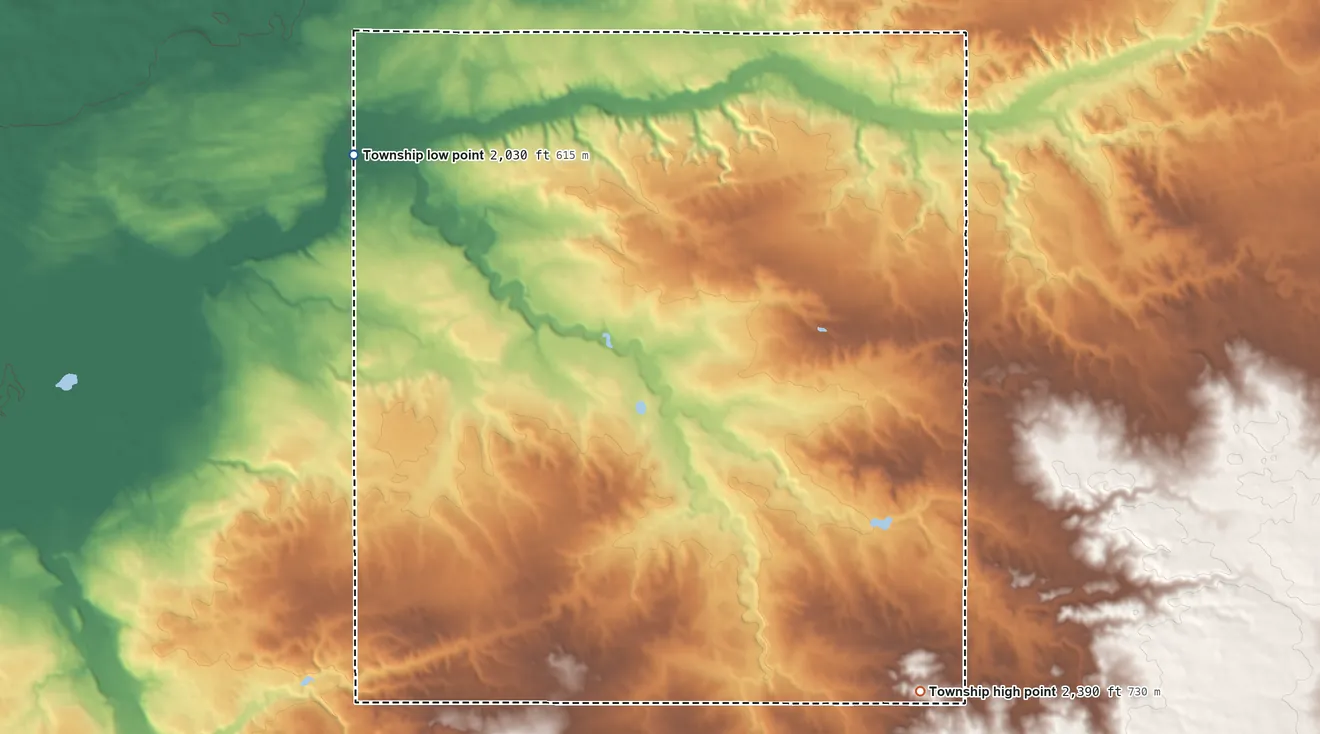 Topographic elevation map of Climax Township, North Dakota, shaded from 2,030 ft on the northwest side to 2,390 ft on the southeast side