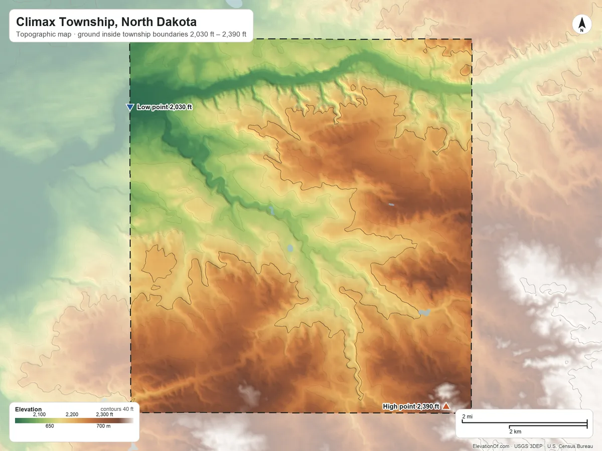 Topographic elevation map of Climax Township, North Dakota, shaded from 2,030 ft on the northwest side to 2,390 ft on the southeast side