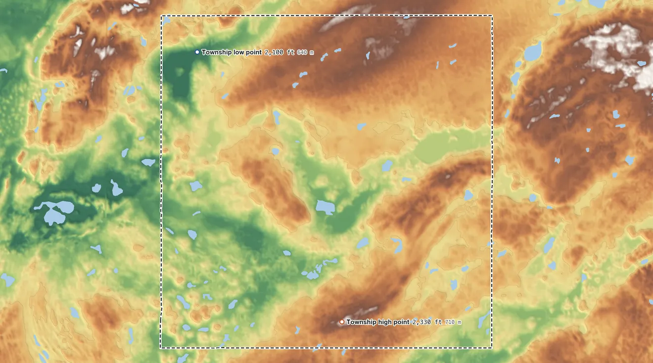 Topographic elevation map of Clinton Township, North Dakota, shaded from 2,100 ft on the northwest side to 2,330 ft on the south side