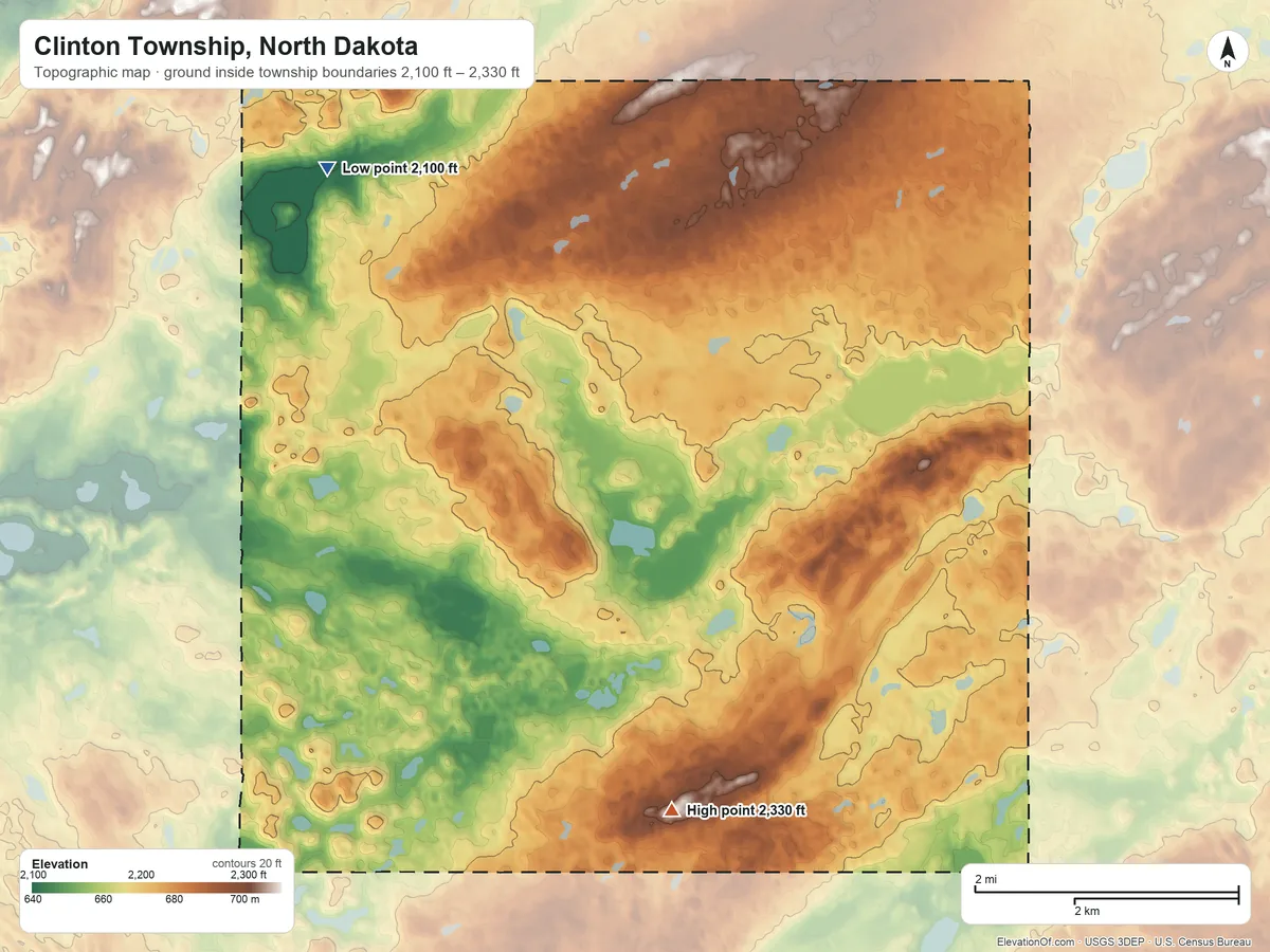 Topographic elevation map of Clinton Township, North Dakota, shaded from 2,100 ft on the northwest side to 2,330 ft on the south side