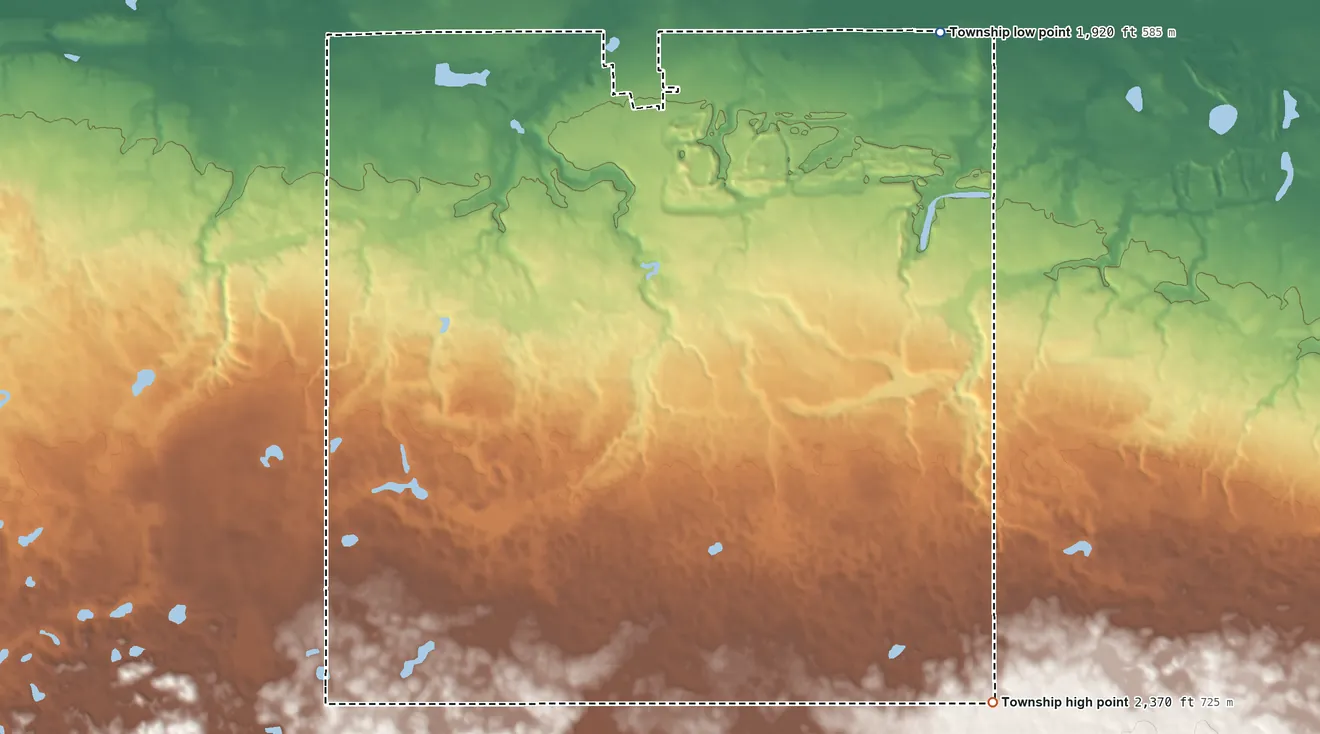 Topographic elevation map of Coalfield Township, North Dakota, shaded from 1,920 ft on the northeast side to 2,370 ft on the southeast side